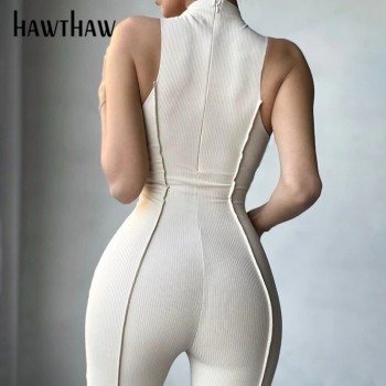 Women Summer Sleeveless Patchwork Bodycon Solid Color Jumpsuit Overall